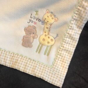 Just Born Baby Blanket I Love You Giraffe Bear Embroidered Gingham Edges Fleece